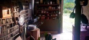 a room with a door and a shelf with dishes at Island Cabin at Drakensberg International Backpackers in Mpofane
