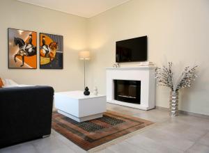 ChrysoupolisMorfeas Residence的带壁炉和电视的客厅