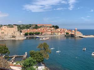 una vista di un porto con barche in acqua di DUPLEX REP 10 COEUR de COLLIOURE avec parking proche a Collioure