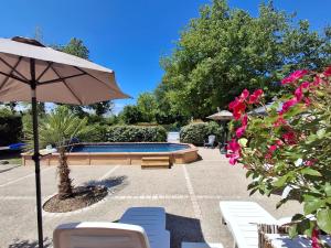 a pool with chairs and an umbrella and flowers at Gîte 4 pers, Jacuzzi privatif & Piscine & Lit cabane in Saint-Georges-sur-Cher