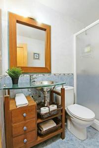 a bathroom with a sink and a toilet and a mirror at Casa Begoña by Cardi Suites in Sallent de Gállego