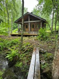 a log cabin in the middle of a forest at Nivan Majoitus in Joensuu