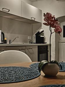 a kitchen with a table with a flower in a vase at Kant 99 XL in Berlin +22 photos