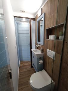 a bathroom with a toilet and a sink and a mirror at Bobal - Harbor's Light in Villajoyosa