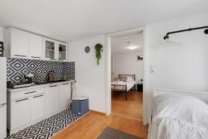 una cucina e una camera da letto con un letto e un tavolo di M B Homes Schlatt Fewo 1 a Hechingen