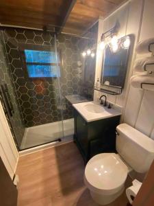 a bathroom with a toilet and a sink and a shower at Cozy Cottage 1 Block Walk From Lake Naomi - Poconos Pennsylvania Area 2 hours from New York City or Philadelphia - Pets Welcome - Check Minimum Night Requirement in Pocono Pines