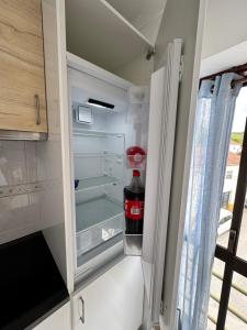 una bottiglia di Coca-Cola in un frigorifero vuoto di Apartman Foz Lagoon a Foz do Arelho