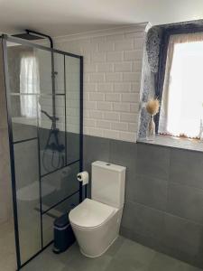 a bathroom with a toilet and a glass shower at Quinta do Almanac in Queimada