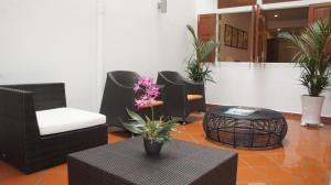 a living room with chairs and tables and plants at Heeren Straits Hotel in Malacca