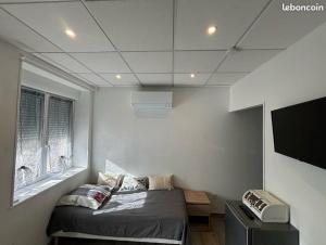 een kamer met een bed, een raam en een televisie bij La Fontaine in Neussargues en Pinatelle