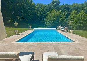 a swimming pool with blue water in a yard at Château de Saint-Bohaire in Saint-Bohaire