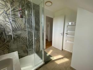 a bathroom with a glass shower and a sink at Le gîte des Noës in Lamballe Armor +13 photos