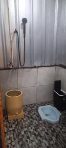 a bathroom with a toilet and a shower in it at Cabin rahong riverside in Palayangan