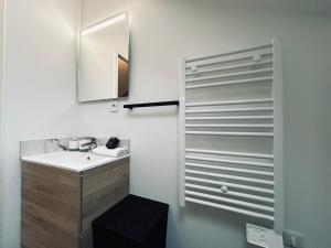 une salle de bain avec un lavabo et un miroir dans l'établissement 2 Clairmarais T2 en duplex proche gare centre, à Reims 20 autres photos