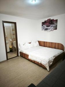 een groot bed in een kamer met een spiegel bij Vila Marius-camere de închiriat in Eforie Nord