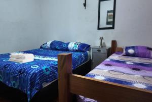 a bedroom with two beds and a mirror at Casa de pesca in Honda
