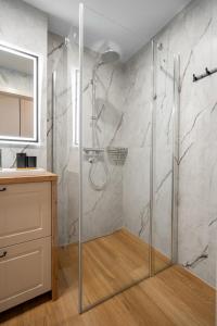 a shower with a glass door in a bathroom at ApartHouse 45B in Radomierzyce +7 photos