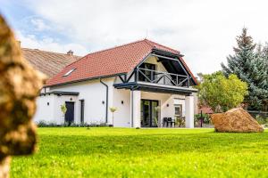 a white house with a red roof on a green field at ApartHouse 45B in Radomierzyce
