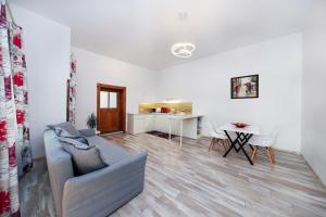 a living room with a couch and a table at Hirscher Apartments in Braşov