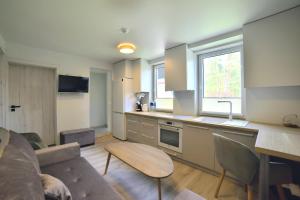 eine Küche mit Sofa und Tisch in einem Zimmer in der Unterkunft Vėjūnė in Pervalka