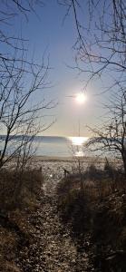 a path leading to a beach with the sun in the sky at Strandtraum Lobbe Fewo 6, auf Anfrage mit Strandkorb in Lobbe