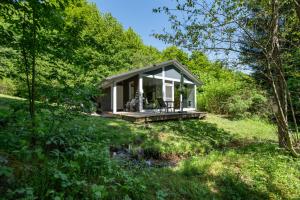a small cottage in the woods with a deck at 2 bis 4 Personen mit Infrarotsauna F2H9 in Ruhla