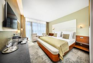 Pokój hotelowy z dużym łóżkiem i telewizorem w obiekcie Wellness Hotel Diamant w mieście Hluboká nad Vltavou