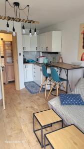 a kitchen and living room with a table and chairs at Herada Domek 4 in Jastarnia +11 photos