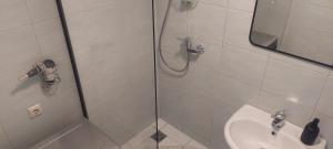 a bathroom with a shower and a sink at Kalniečiai park apartment in Kaunas