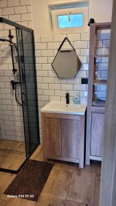 a bathroom with a sink and a mirror at Herada Domek 4 in Jastarnia