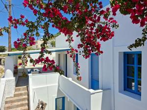a view of a white house with pink flowers at Lerosophy in Agia Marina