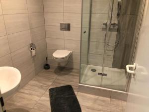 a bathroom with a shower and a toilet and a sink at Hostel Apartment in Castrop-Rauxel +7 photos