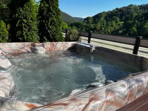 舍瑙Wellness Ferienwohnung Szymecki- Sauna & Whirpool bei Heidelberg的山景按摩浴缸