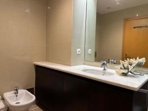 a bathroom with a sink and a toilet and a mirror at Azores Lava Apartment T3 in Ponta Delgada +8 photos