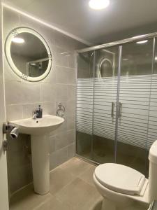 a bathroom with a shower and a toilet and a sink at Nomaddome Glamping Hotel in Mishmish