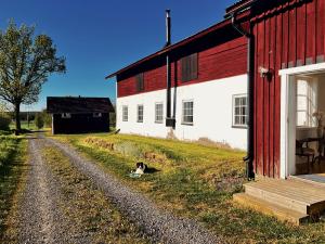 a dog laying in the grass next to a red and white barn at Rosengården - Viby B&Bi in Vretstorp