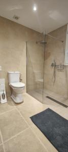 a bathroom with a toilet and a glass shower at Can Sais in Pals +19 photos