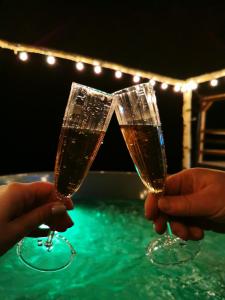 two people holding champagne glasses in front of a pool at Casa din Dâmb Mătișești in Mătişeşti