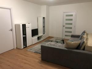 a living room with a couch and a television at MarBel Apartments in Ohrid