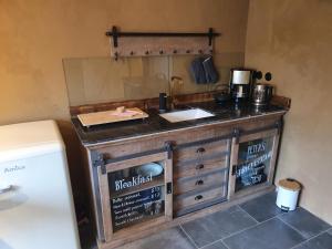 a kitchen with a counter with a sink and a refrigerator at Naturhaus am Wald im Erzgebirge in Ehrenzipfel +36 photos