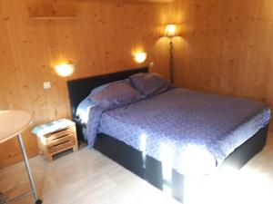 a bedroom with a bed and a table and a lamp at loue chalet calme tout équipé adult only in Madaillan
