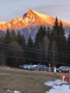 a group of cars parked in front of a mountain at Apartmán ViVi Pribylina in Pribylina