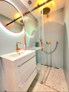 a bathroom with a sink and a shower at Welkom Op Texel privé kamer op het zuiden in De Koog