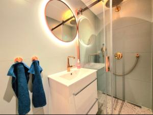 a bathroom with a sink and a shower and a mirror at Welkom Op Texel privé kamer op het zuiden in De Koog