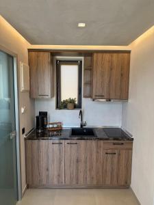 a kitchen with wooden cabinets and a sink at STELIA Villa Halkidiki in Kallithea Halkidikis