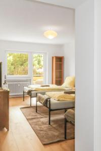 two beds in a room with two windows at Brody Apartments I Cozy Stay zwischen Friedberg und Bad Nauheim in Oberwöllstadt