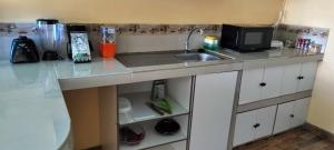 a kitchen counter with a sink and a microwave at Mini department, family in Riobamba