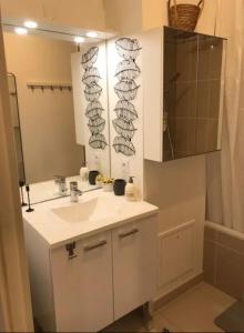 une salle de bain avec un lavabo et un miroir dans l'établissement Beach & Golf Cabourg - 50m2 avec jardin clos à 100m golf Cabourg et 200m plage de Cabourg le Home, à Varaville