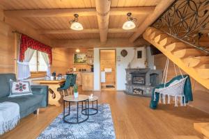 a living room with a couch and a stove at Domki i Apartamenty Krupa Ciche z Jacuzzi in Zakopane