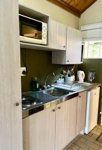 a kitchen with a sink and a microwave at Studio 28 Clarens Apartment B in Clarens